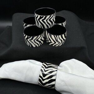 Black White Zebra Print Napkin Rings Set Of 6 Animal Pattern Table Decor Vintage